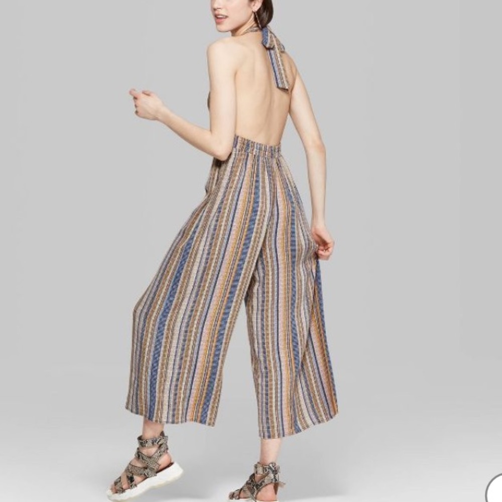 Striped Sleeveless Deep V-Neck Halter Jumpsuit - Picture 2 of 7